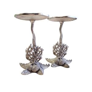 2 Nautical Metal Candleholders Starfish, Coral & Sealife 9" Tall
